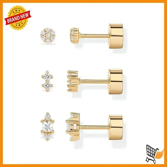 14K Gold Plated Sterling Silver Stud Earrings 3-Pack Hypoallergenic - Picture 2 of 8
